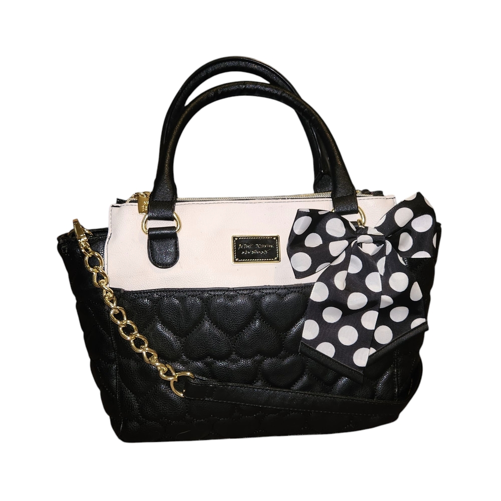 Betsey Johnson Black and White Quilted Hearts Polka Dot Bow Bag Crossbody